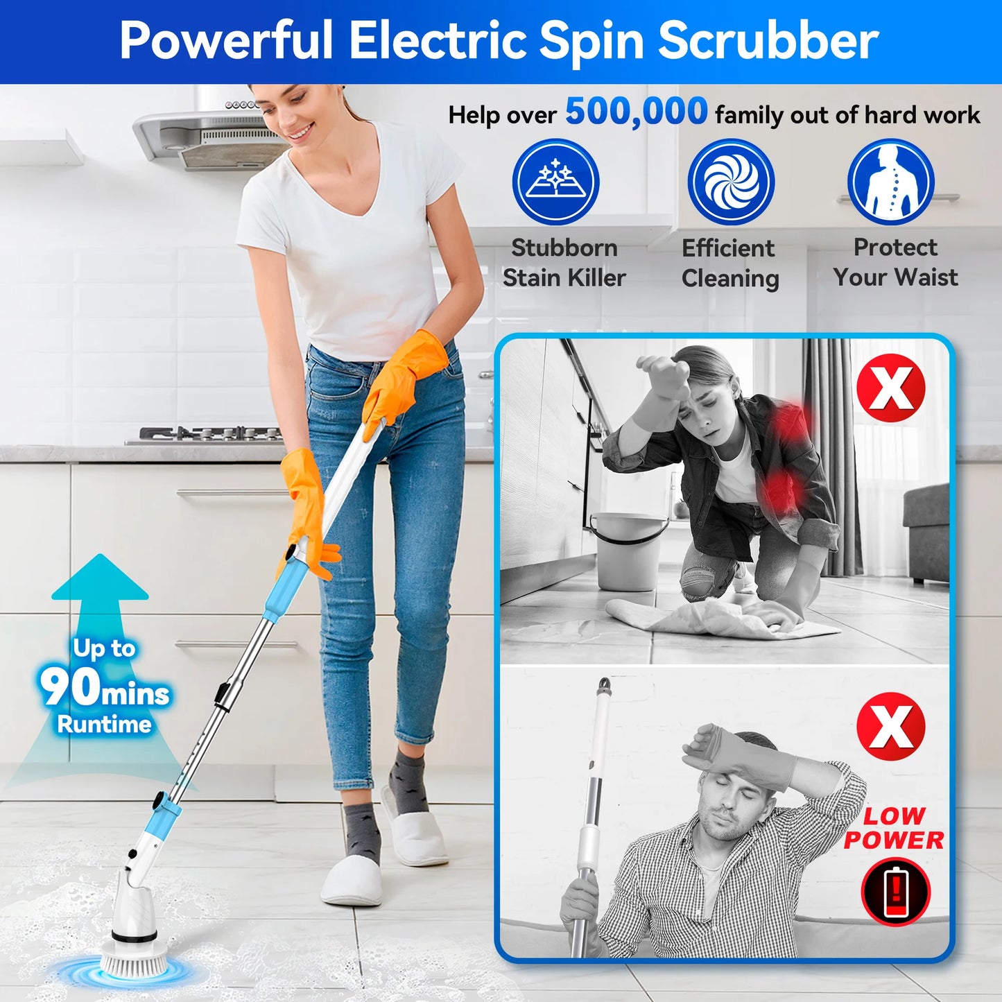 INSE Cordless Spin Scrubber 450RPM With 5 Replaceable Brushes Extendable Handle