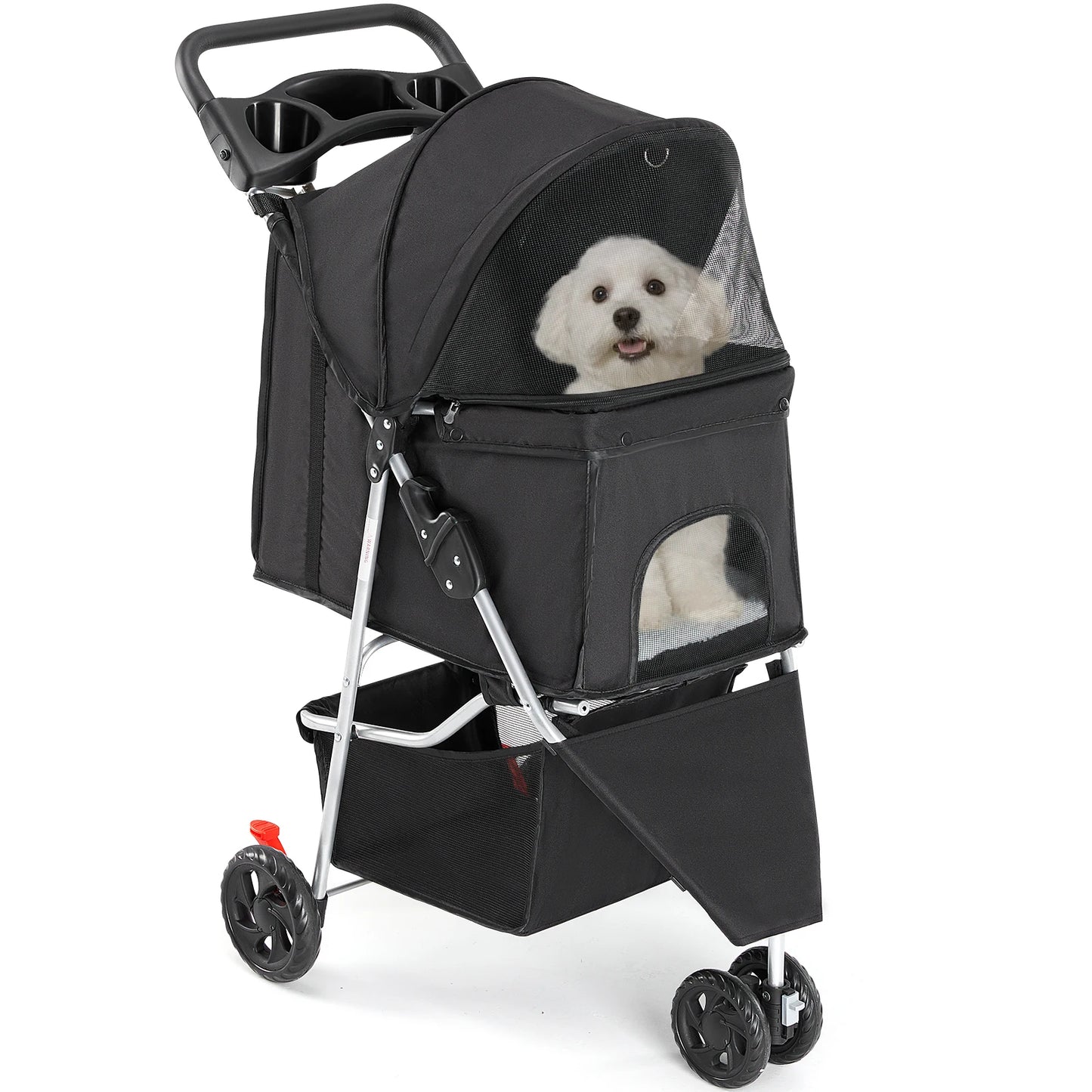 JHK 3-Wheel Foldable Pet Stroller Mesh Windows And Cup Holder
