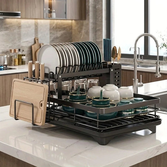 2-Tier Dish Drying Rack Rustproof With Utensil Holder And Cutting Board Stand