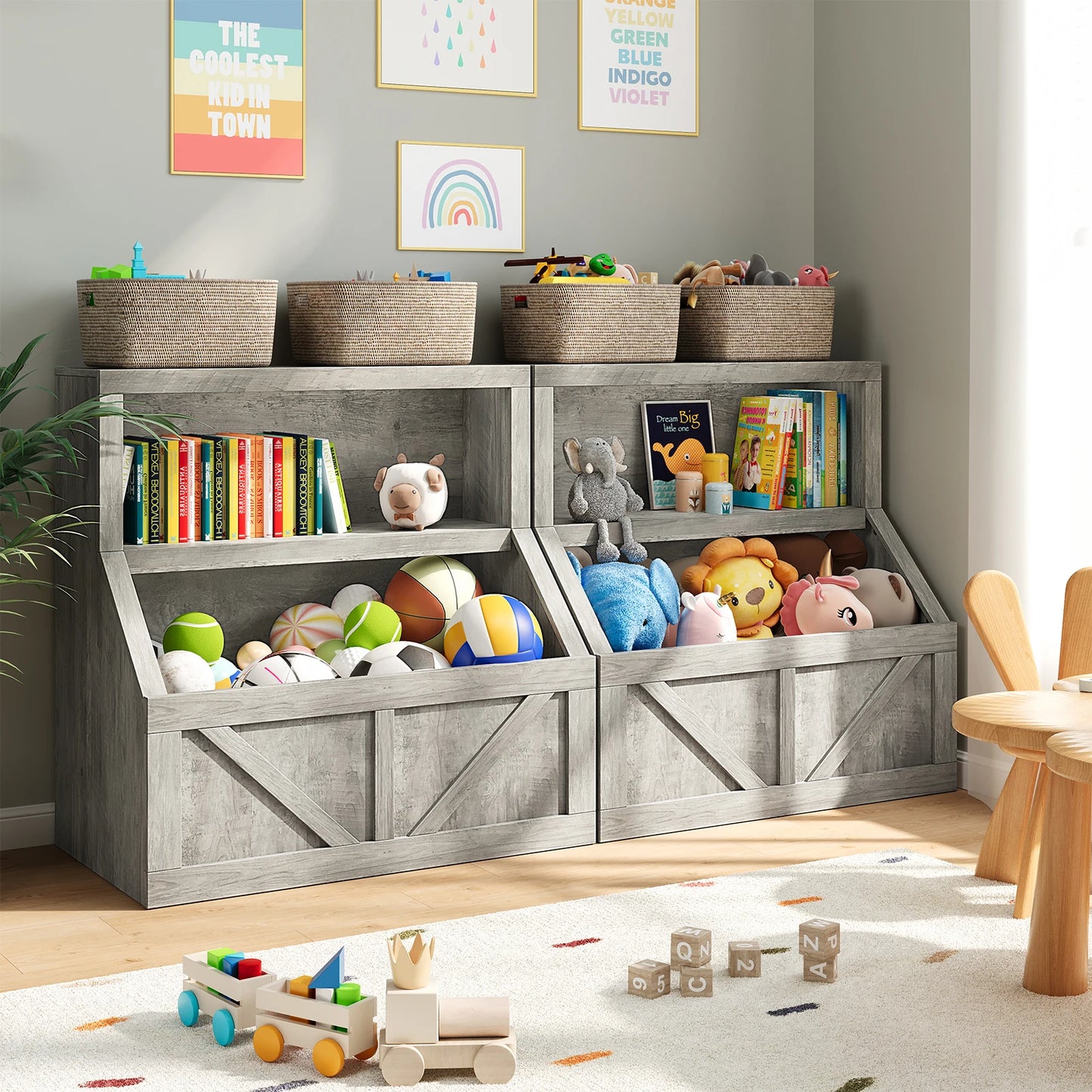 Kids Wooden Bookcase Organizer With Cubby Storage Shelf For Playroom