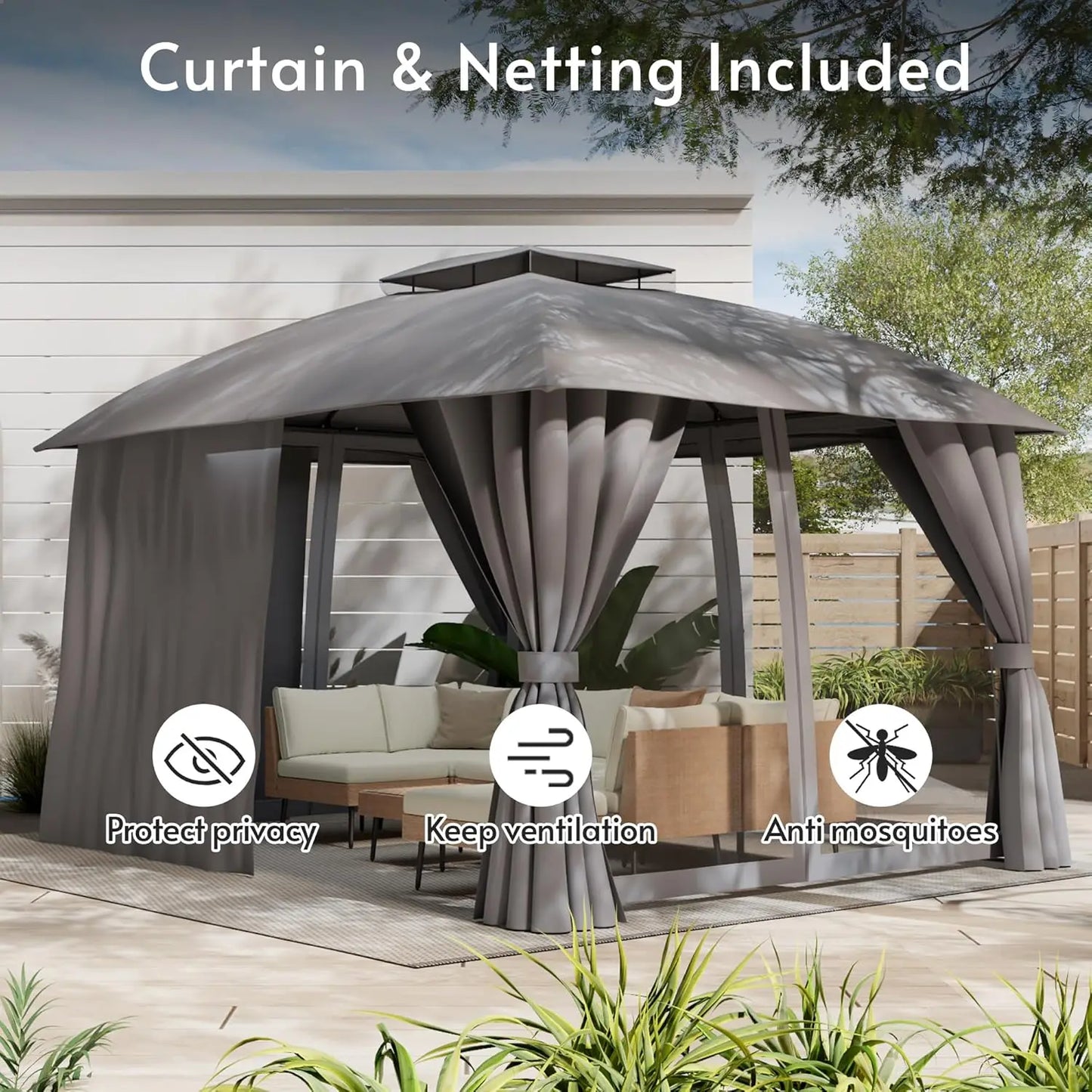 Gazebo With Mosquito Netting And Privacy Screens For Outdoors