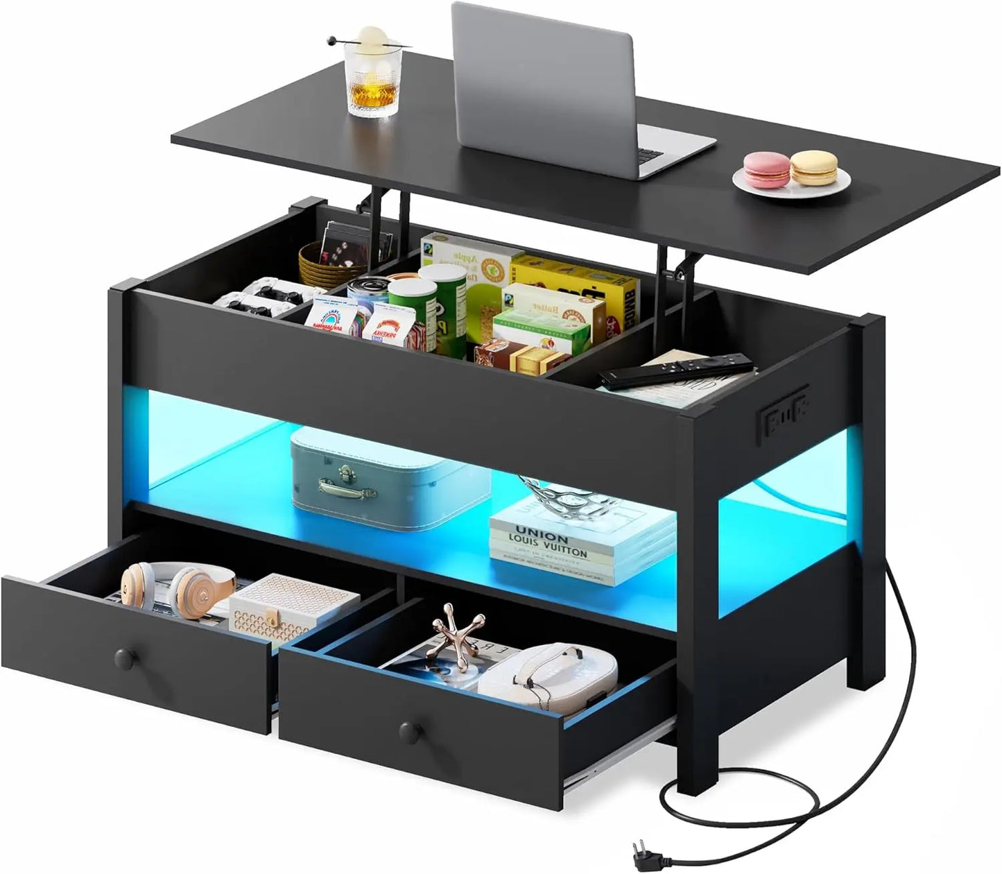 WLIVE Lift Top Coffee Table With 2 Drawers LED Light