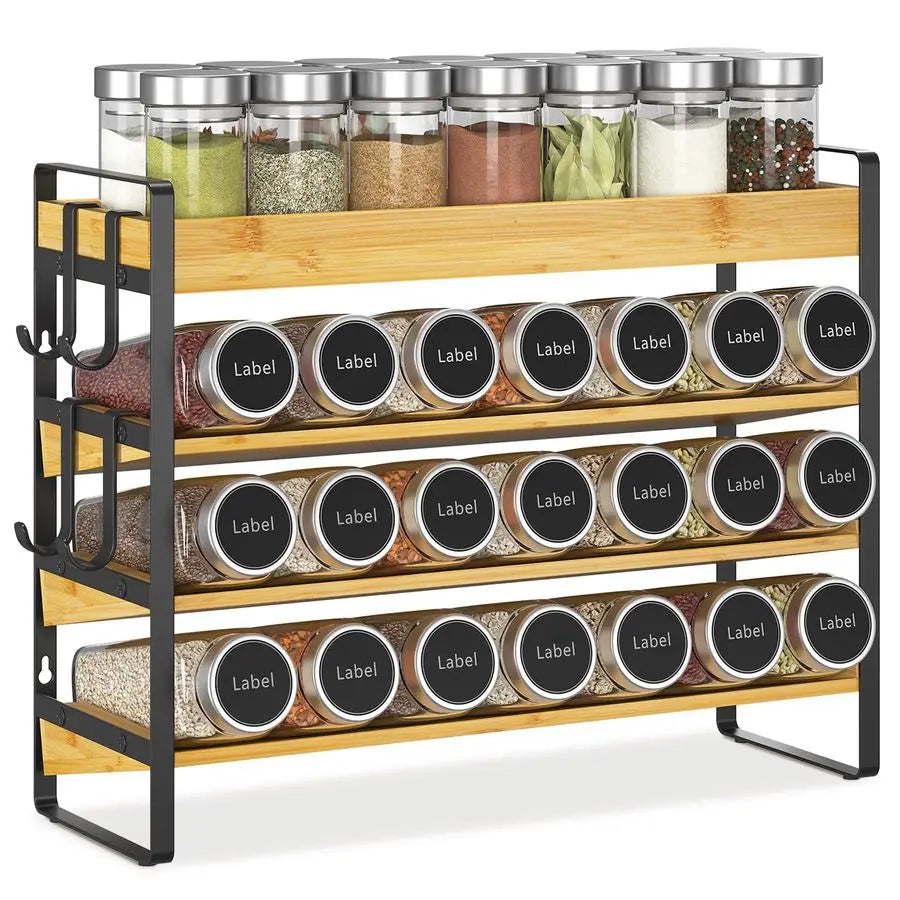 Bamboo Spice Rack Organizer For Kitchen Countertop 4 Tier With Hooks
