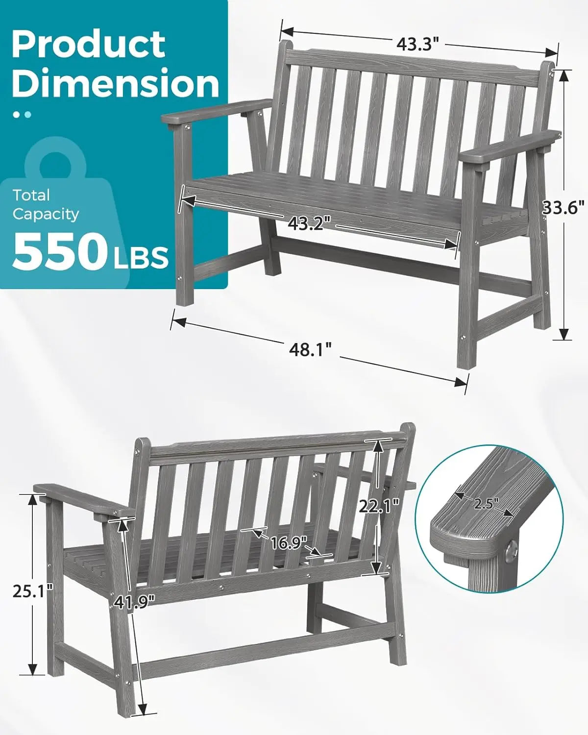 HDPE Outdoor Garden Bench All Weather Patio And Backyard
