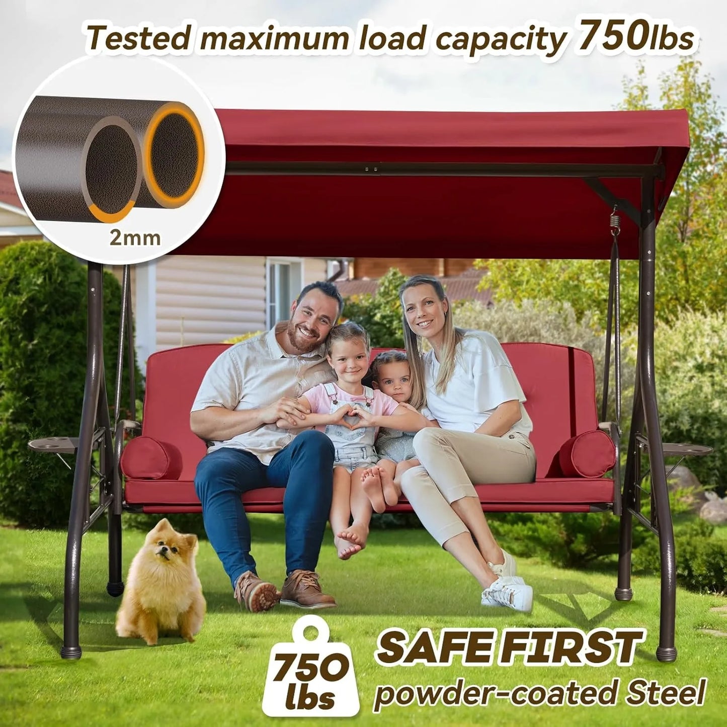 Three Seat Outdoor Patio Swing With Adjustable Canopy Cushions Cup Holders