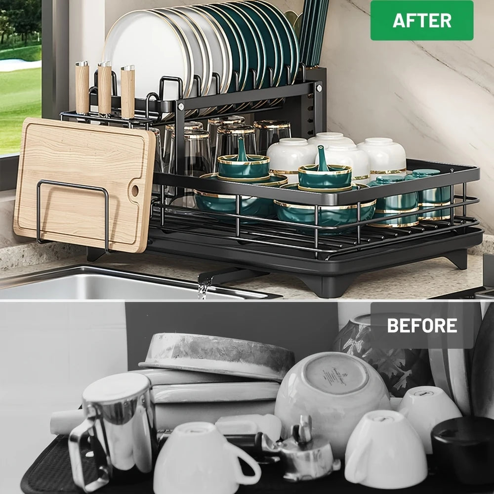 2-Tier Dish Drying Rack Rustproof With Utensil Holder And Cutting Board Stand