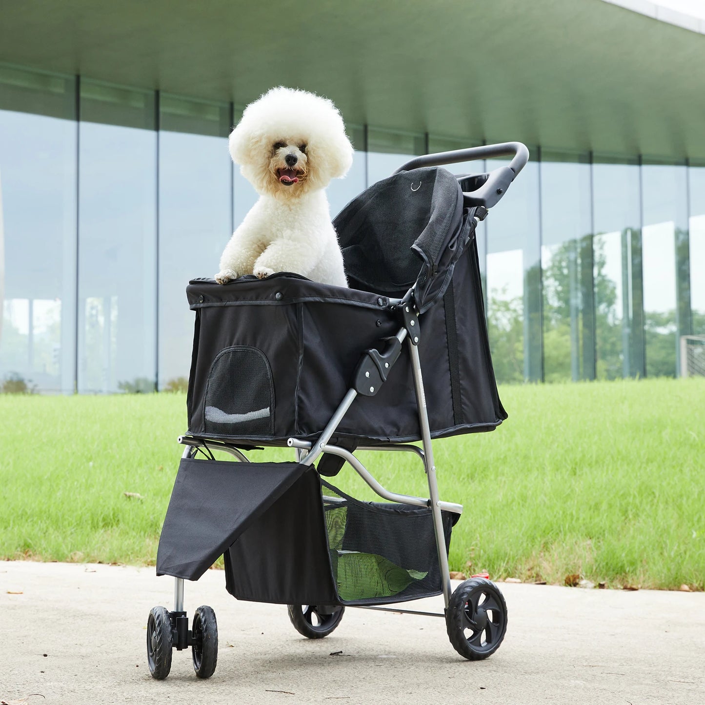 JHK 3-Wheel Foldable Pet Stroller Mesh Windows And Cup Holder