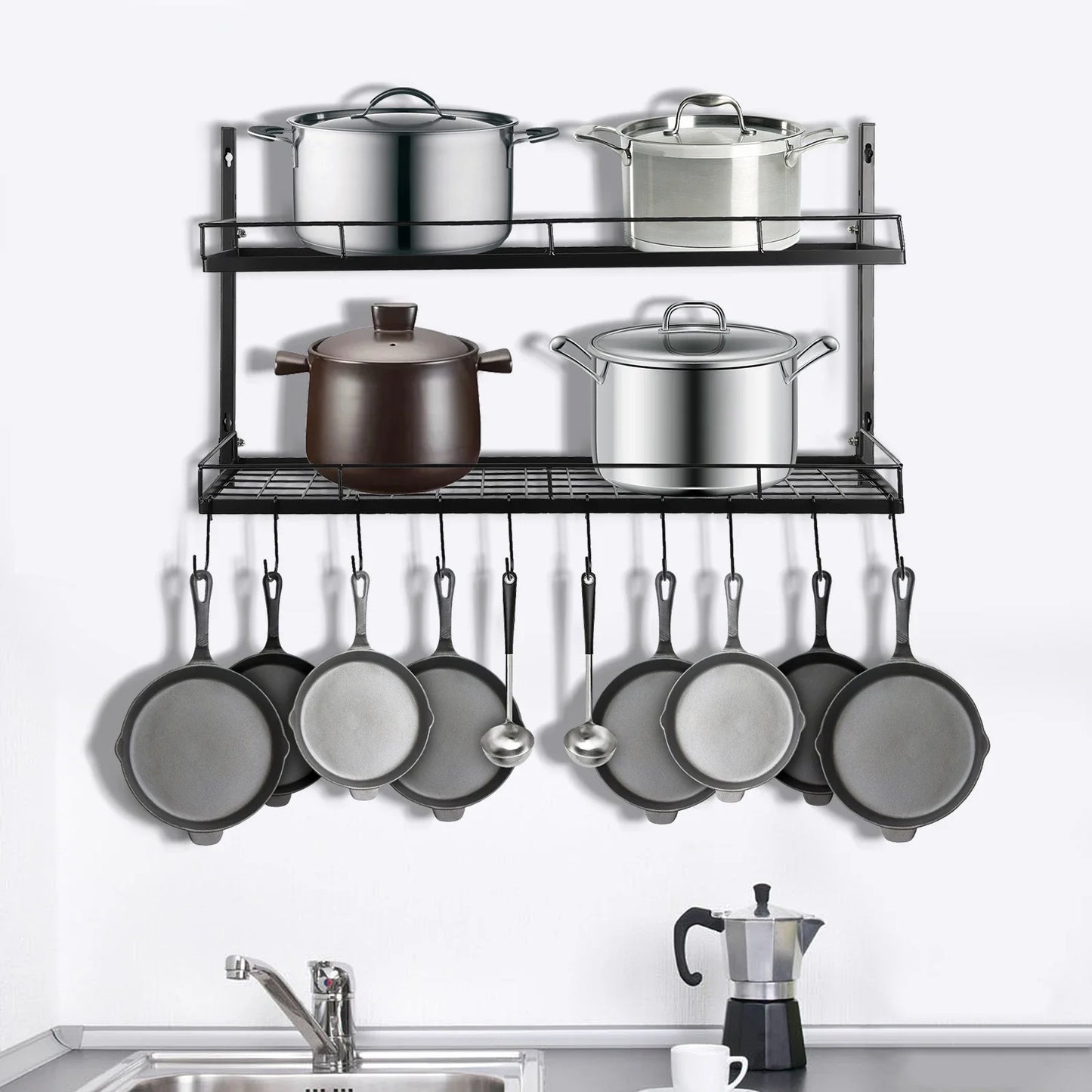 2-Tier Hanging Pot Rack Wall Mount With 10 Hooks Organizer