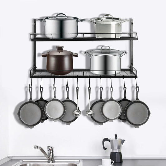 2-Tier Hanging Pot Rack Wall Mount With 10 Hooks Organizer