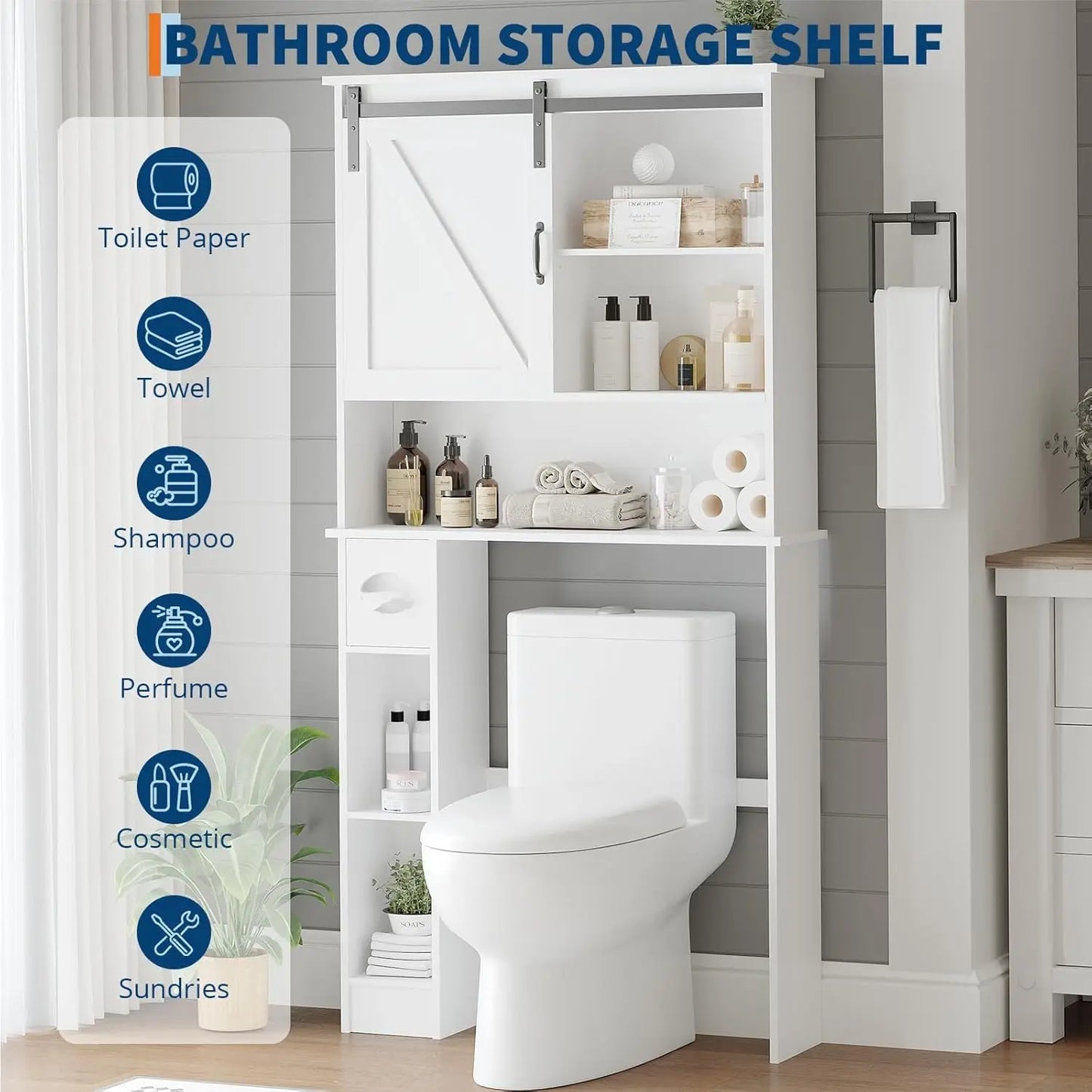 Over Toilet Cabinet With Sliding Barn Door And Paper Holder