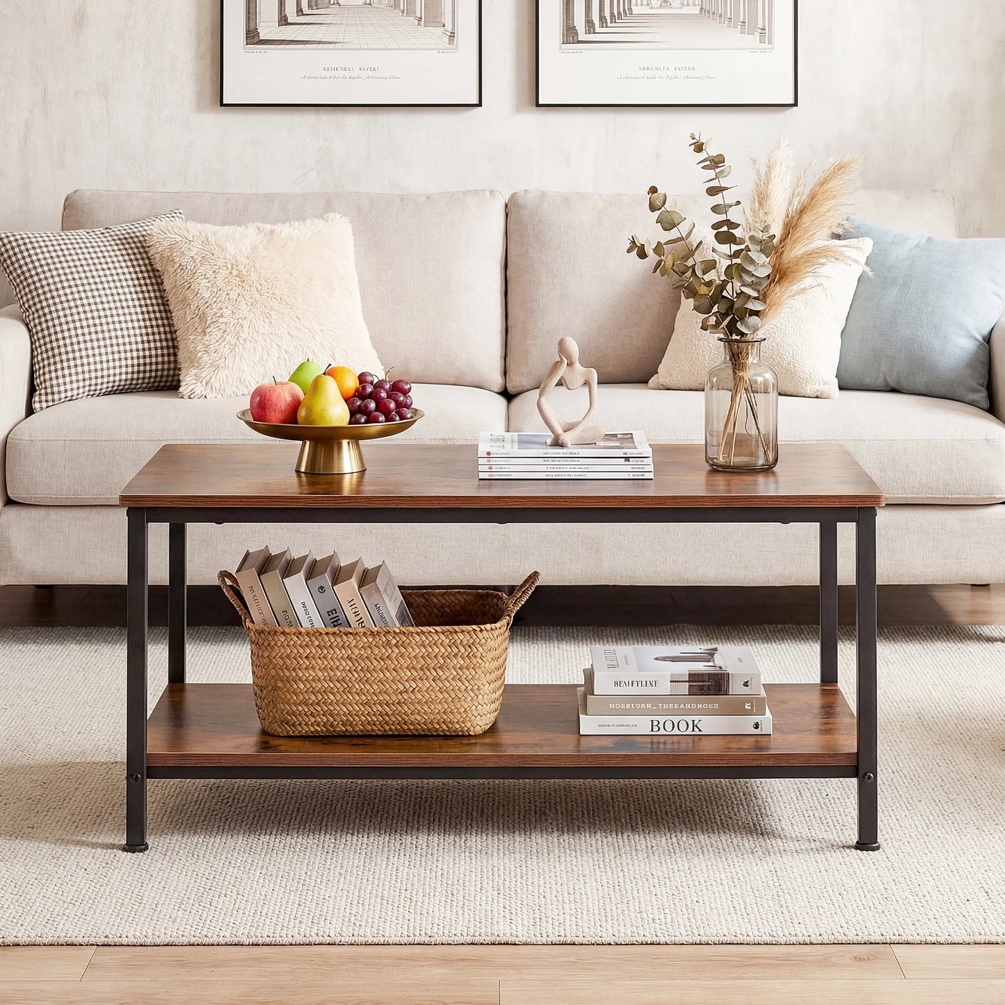 JHK Wood Coffee Table 2 Tier Center Storage Anti Slip