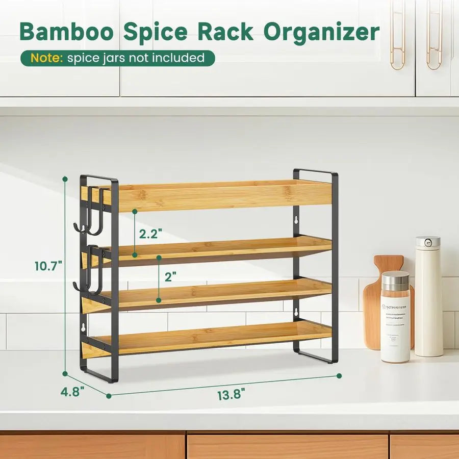 Bamboo Spice Rack Organizer For Kitchen Countertop 4 Tier With Hooks