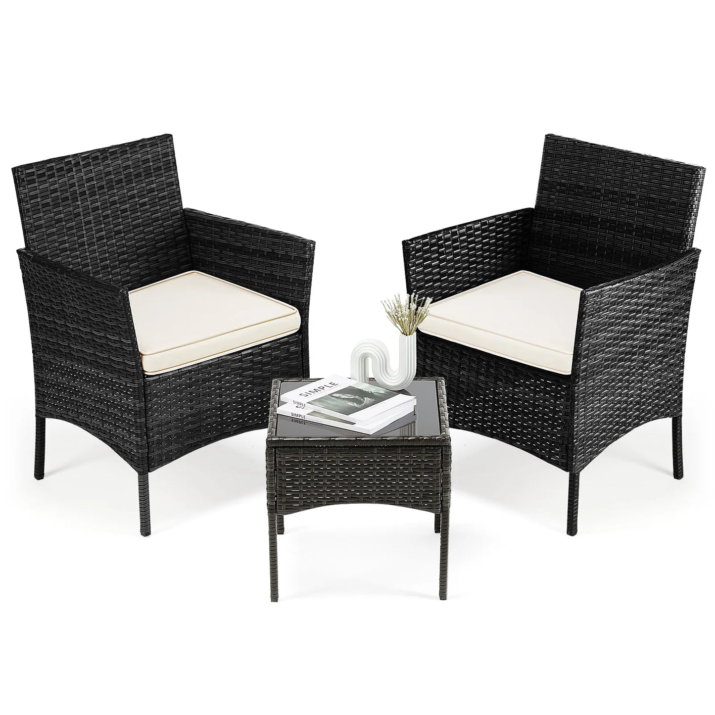 Outdoor Wicker Rattan Patio Set 3 Pieces With Glass Table