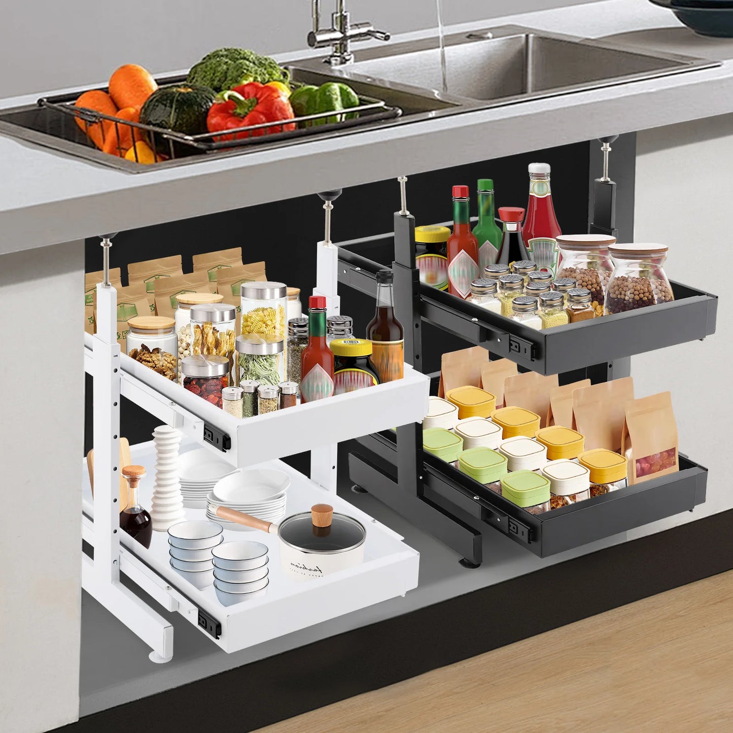 Carbon Steel Expandable Pull Out Cabinet Organizer 2 Tier