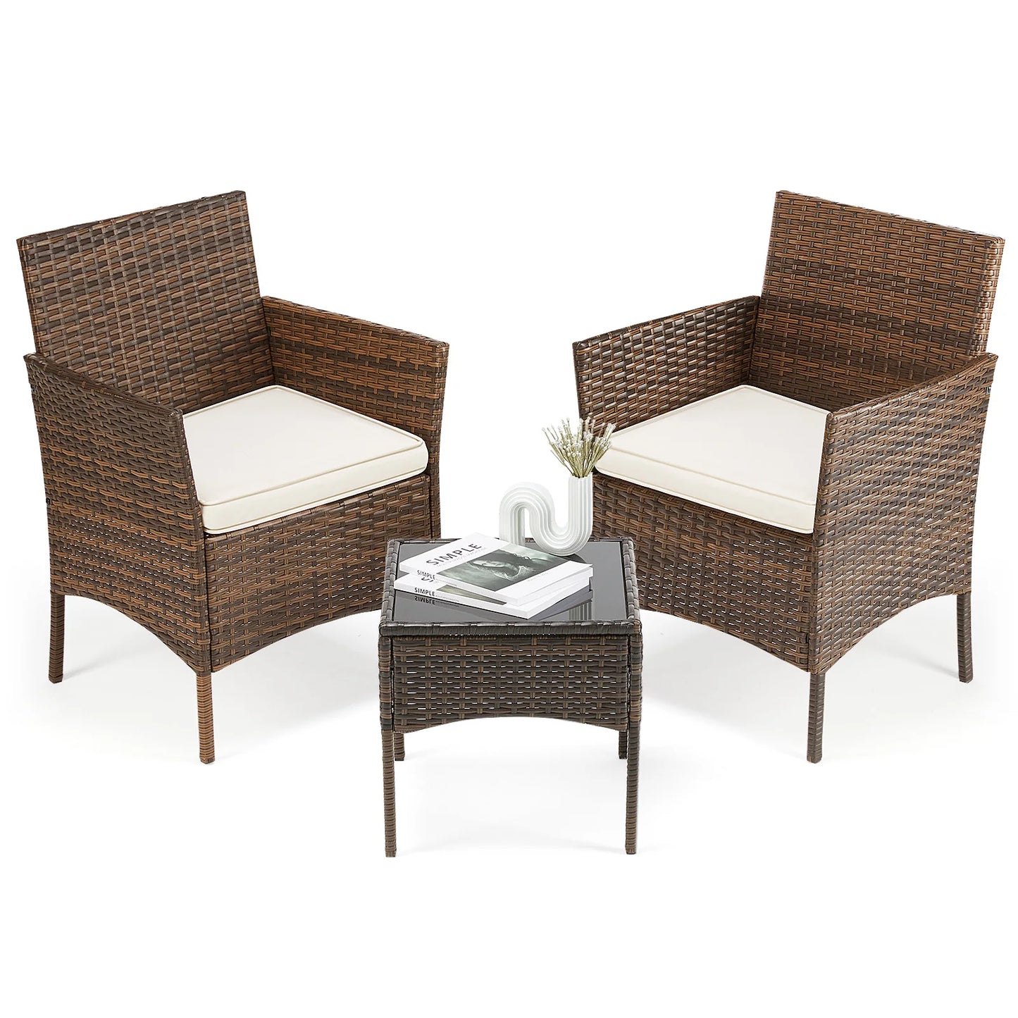 Outdoor Wicker Rattan Patio Set 3 Pieces With Glass Table