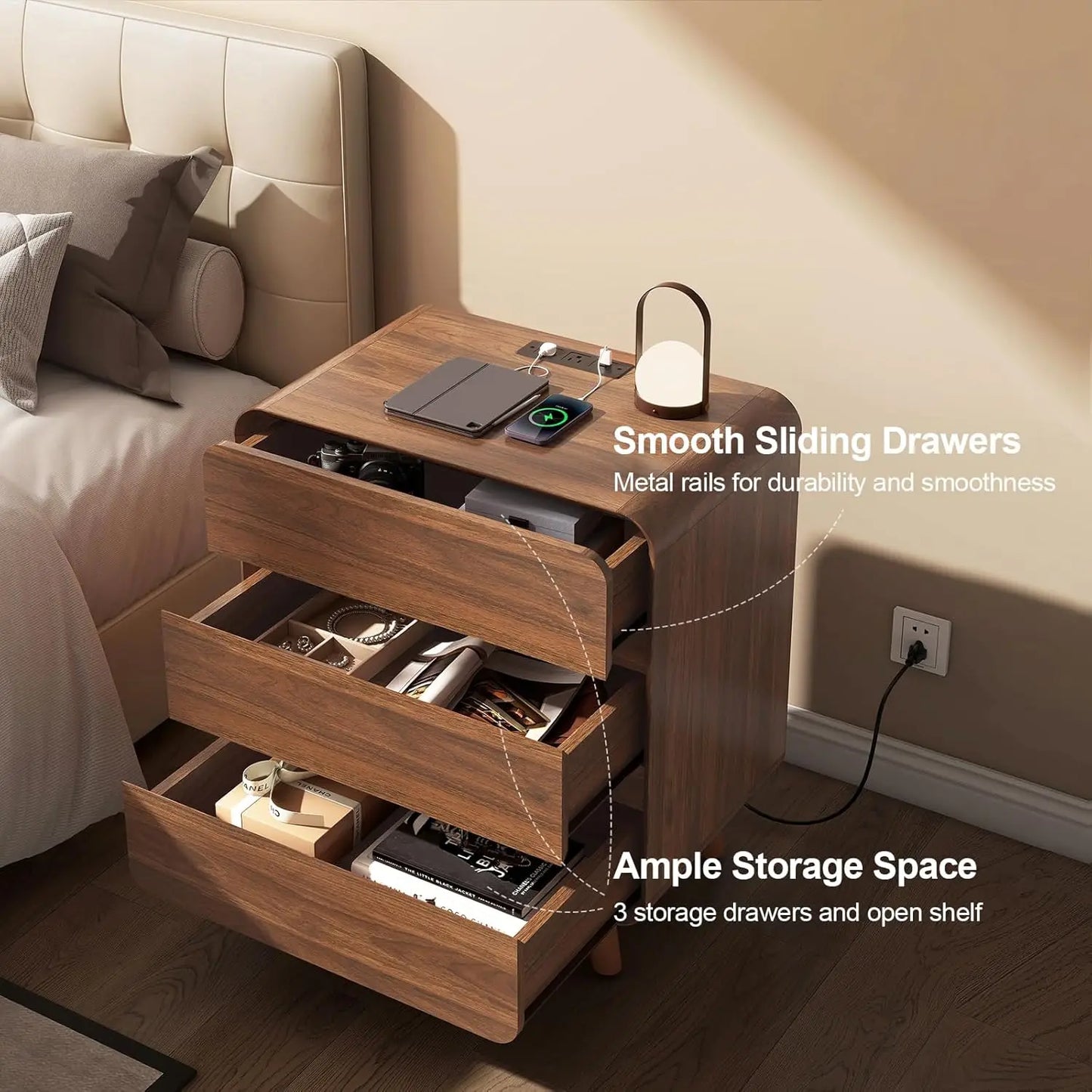 3 Drawer Nightstands Set Of 2 With Charger Station