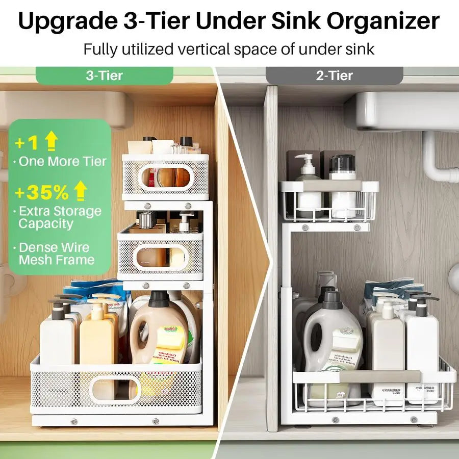 Under Sink Organizer 3 Tier Height Adjustable Pull Out Shelf