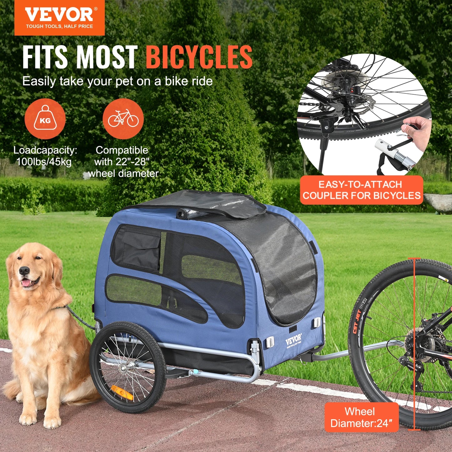 Pet Bicycle Carrier Dog Trailer With Coupler Reflectors Flag Collapsible