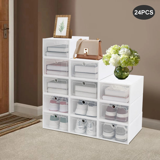 24 Pack Plastic Shoe Storage Boxes With Clear Lid Waterproof Foldable Organizer