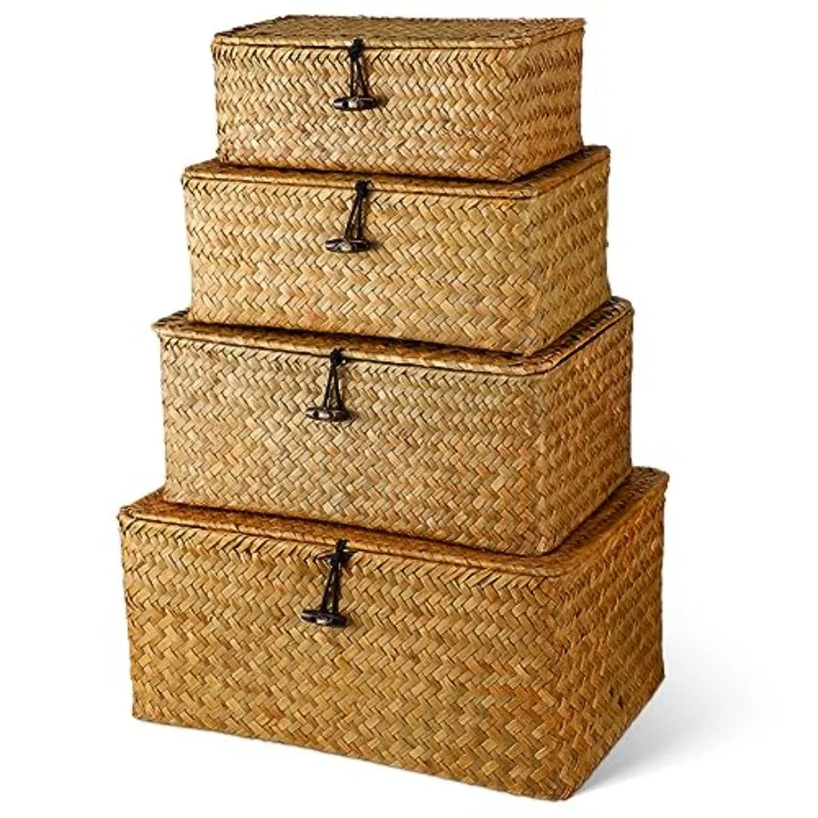 Wicker Baskets With Lids Natural Seagrass Storage Bins
