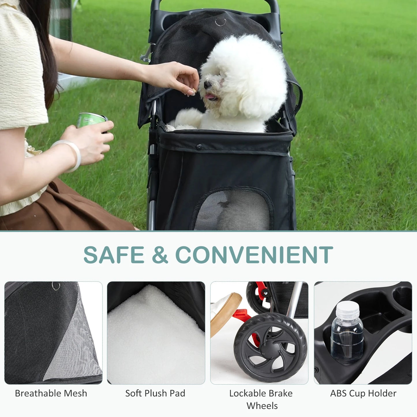 JHK 3-Wheel Foldable Pet Stroller Mesh Windows And Cup Holder