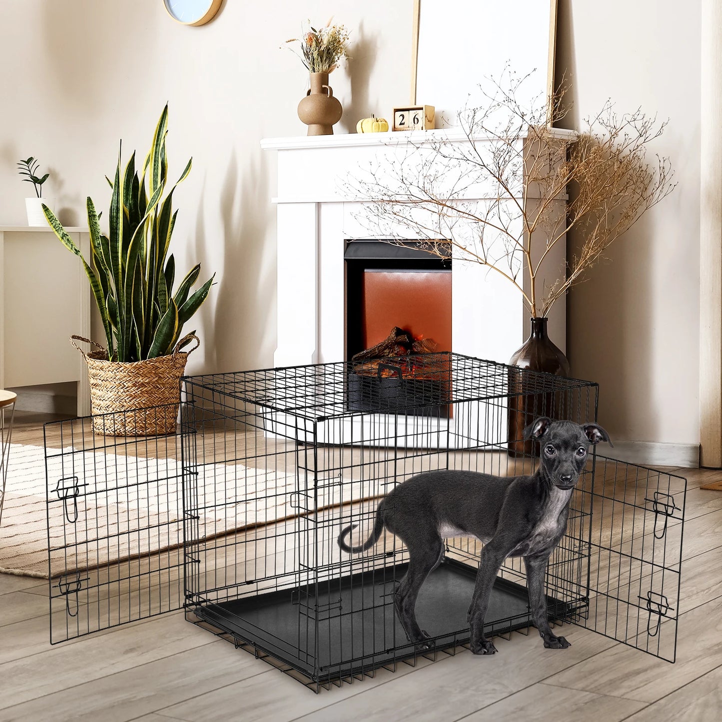 JHK Double Door Folding Metal Wire Dog Cage With Plastic Leak Proof Pan Tray