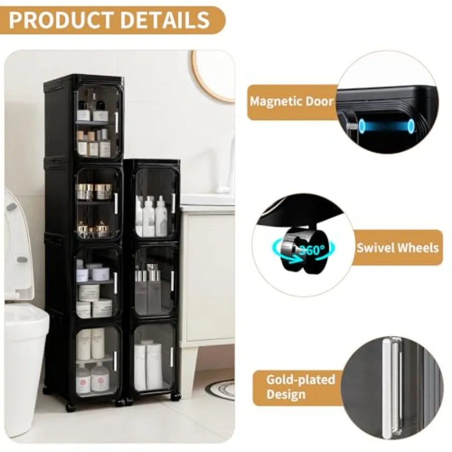 4 Tier Tall Narrow Storage Cabinet With Adjustable Shelves And Wheels