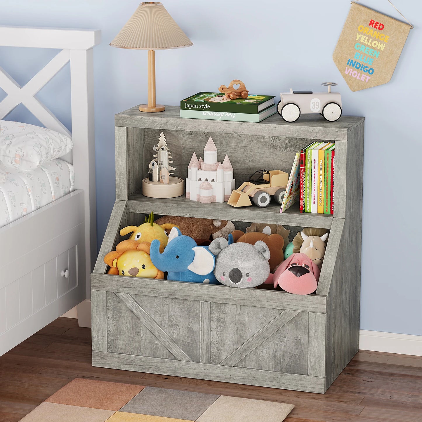 Kids Wooden Bookcase Organizer With Cubby Storage Shelf For Playroom