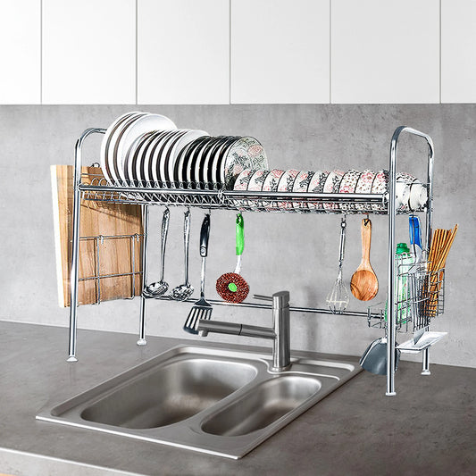 Two Tier Stainless Steel Dish Drying Rack With Utensil Holder