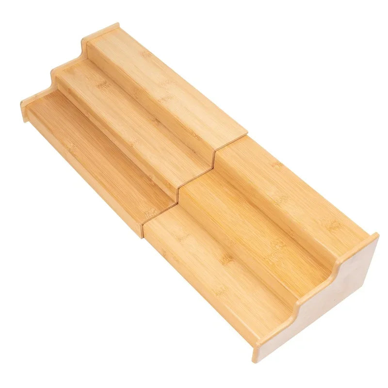 Expandable Bamboo Spice Rack Organizer Three Tier Step Shelf For Kitchen