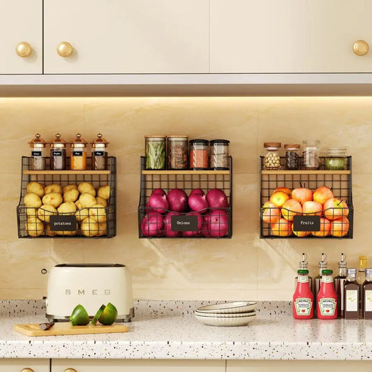 Fruit Basket With Wood Lid Wall Mounted Onion And Potato Storage Basket