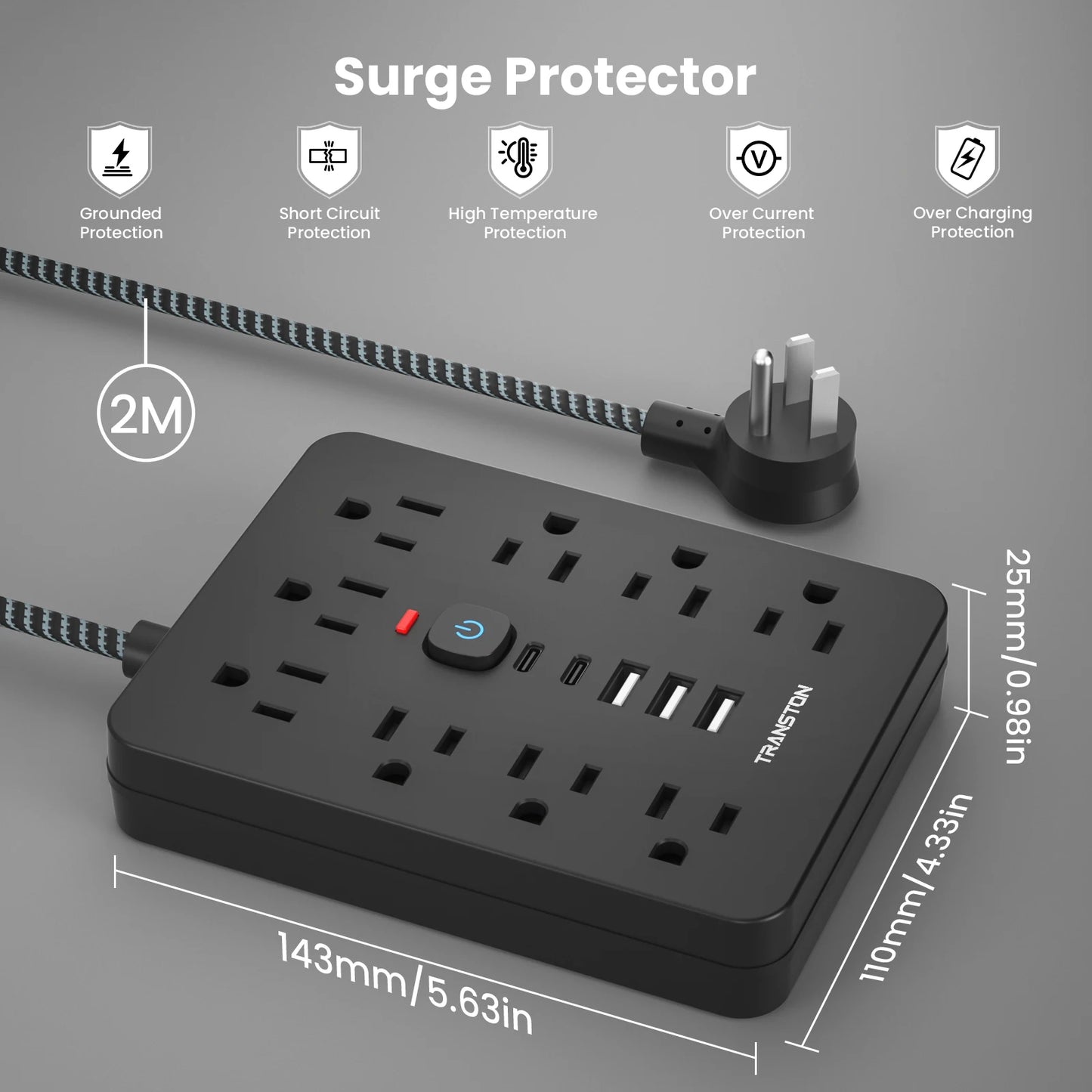 TRANSTON Strip With 9 AC Outlets And USB Surge Protector