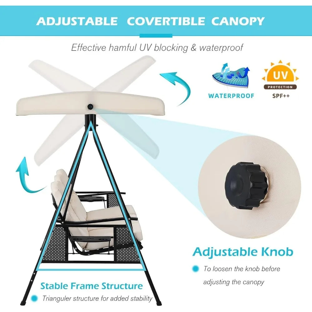 Outdoor Porch Swing With Adjustable Canopy For Patio Garden