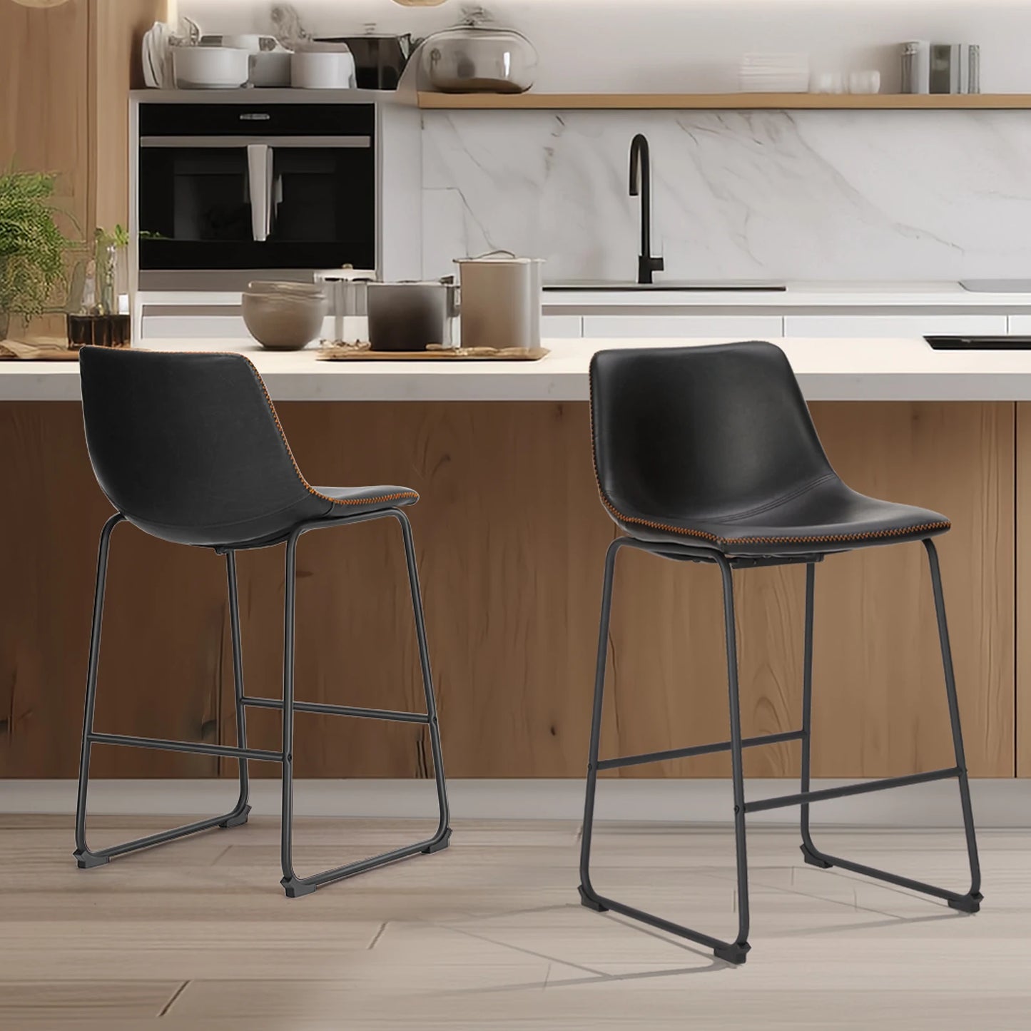 JHK Modern Faux Leather Counter Height Bar Stools Set 2