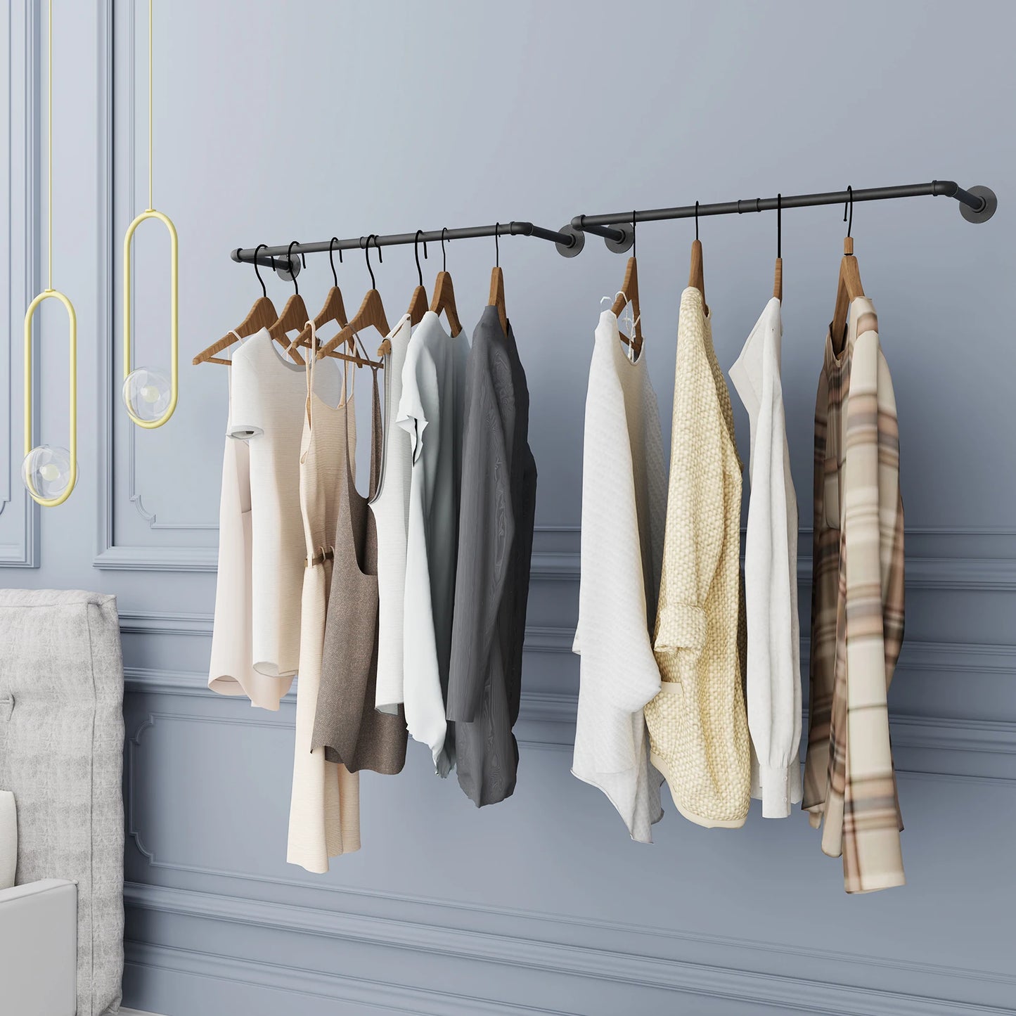 Industrial Pipe Clothes Rail Wall Mounted Garment Rack Closet Organizer
