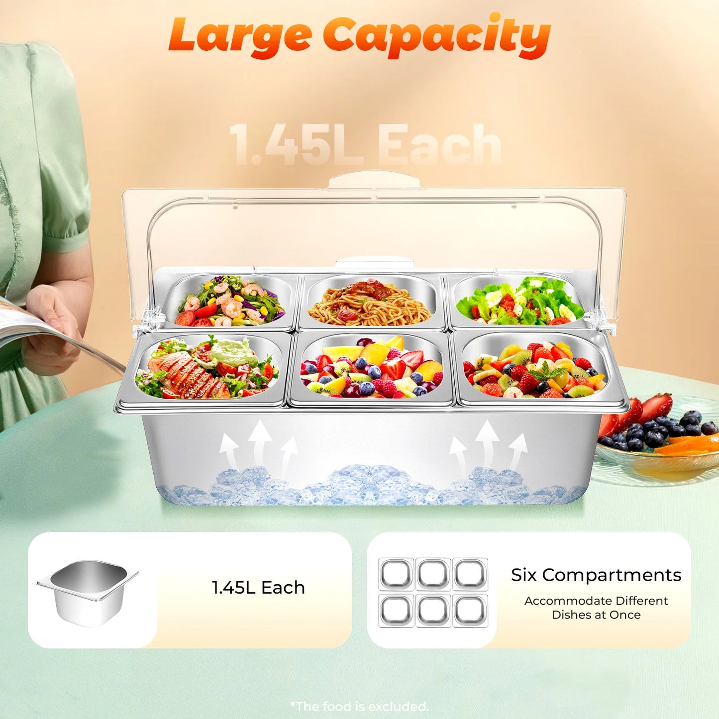 Bymaocar Countertop Buffet Tray With 6 Pans Condiment Dispenser