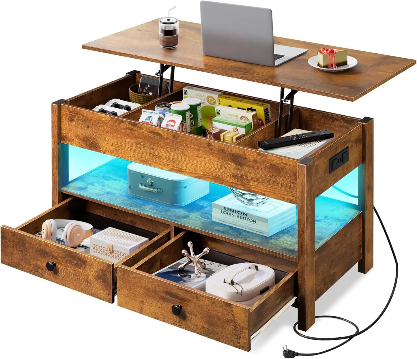 WLIVE Lift Top Coffee Table With 2 Drawers LED Light
