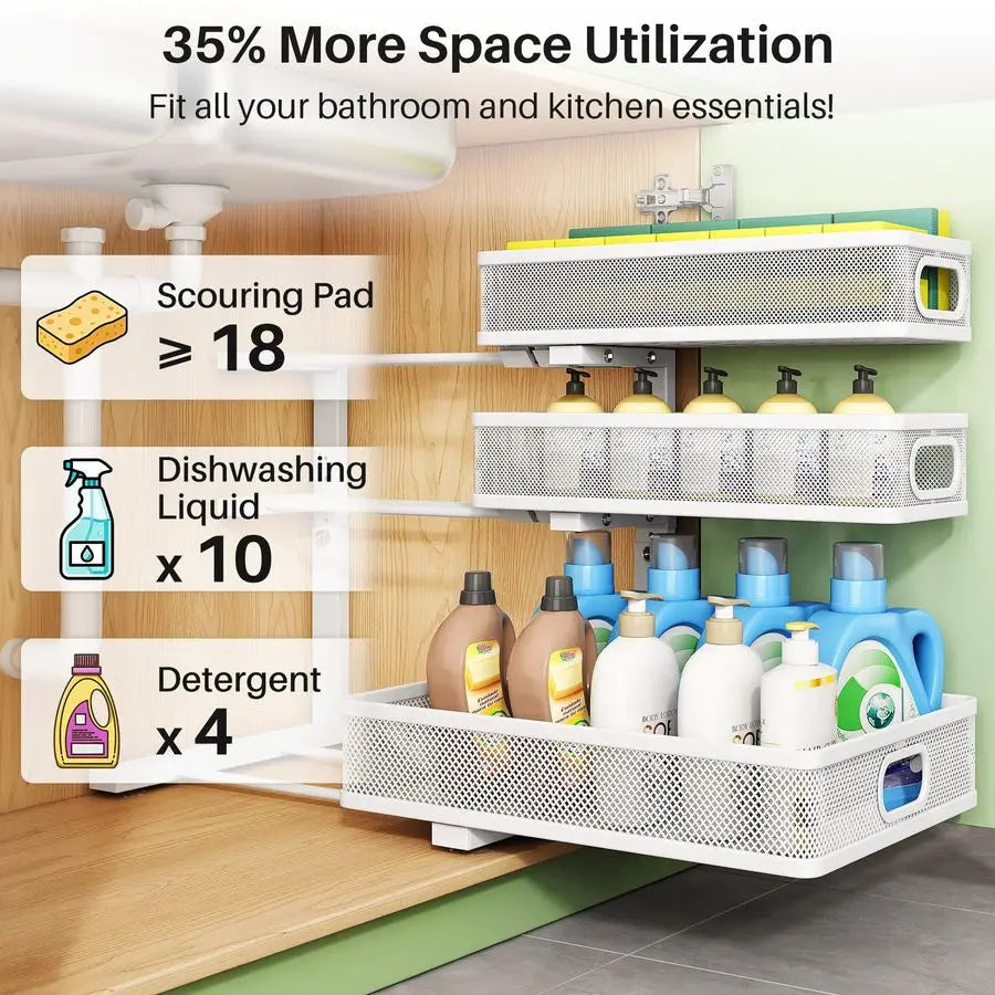 Under Sink Organizer 3 Tier Height Adjustable Pull Out Shelf