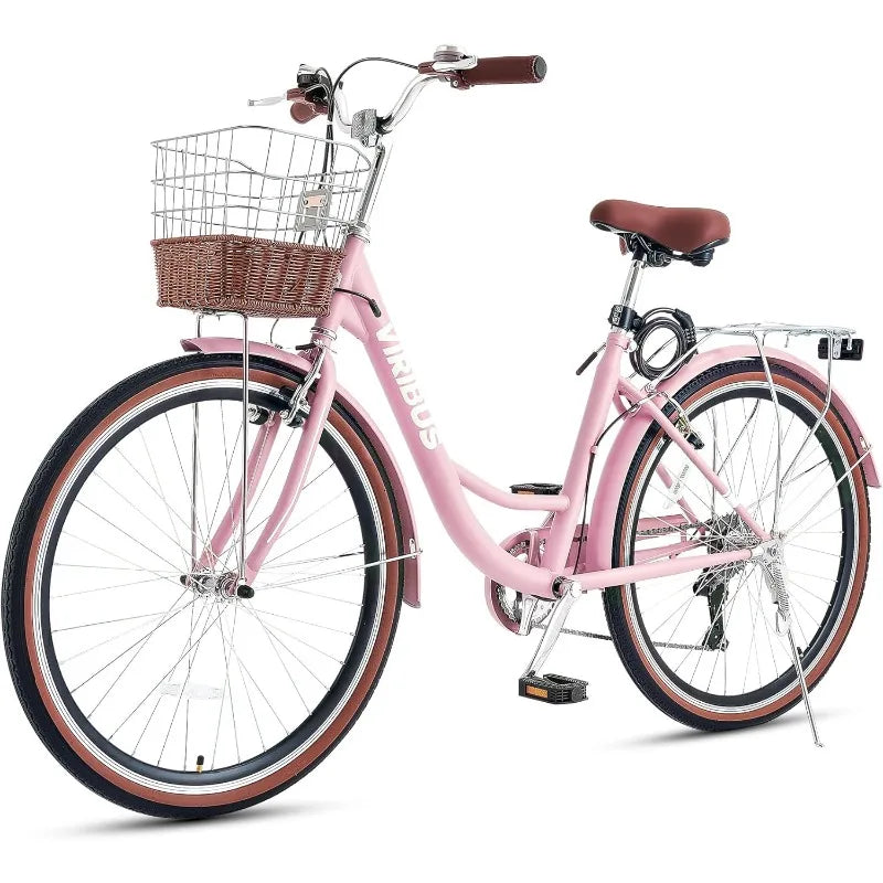 VIRIBUS Womens Cruiser Bike 7 Speed With Rattan Basket