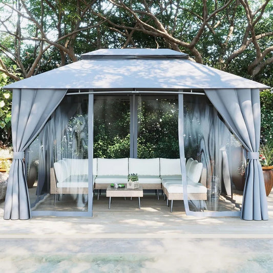 Double Roof Gazebo With Mosquito Netting And Powder Coated Frame