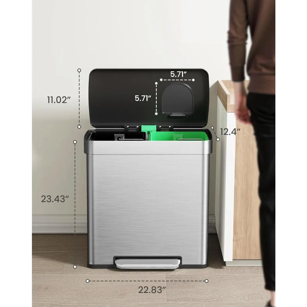 Kitchen Dual Compartment Trash And Recycle Bin With Stainless Steel