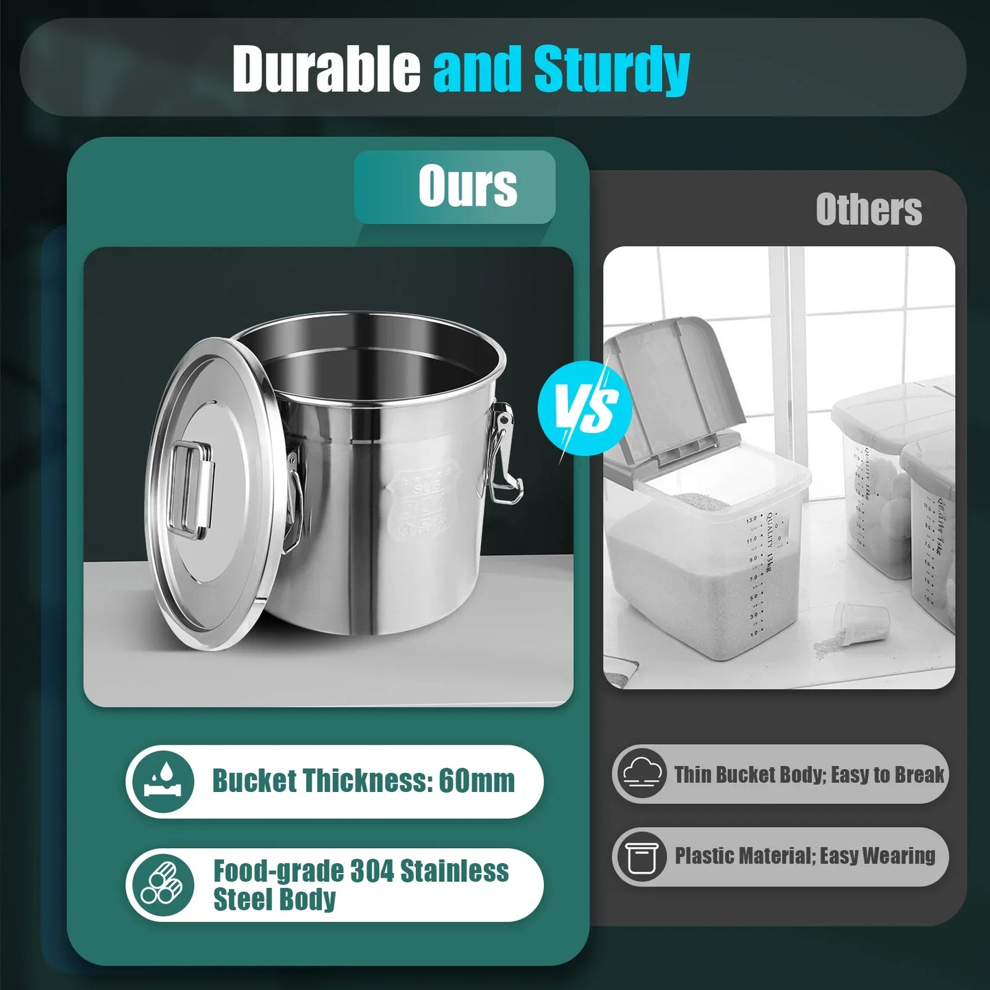 304 Stainless Steel Airtight Canister With Locking Clamp For Rice Flour Grain