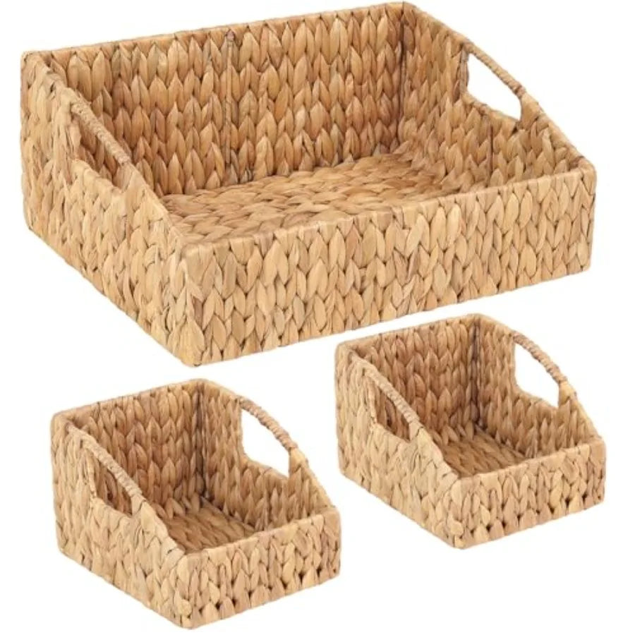 Set Of 3 Handwoven Storage Baskets Natural Wicker Organizer Bins