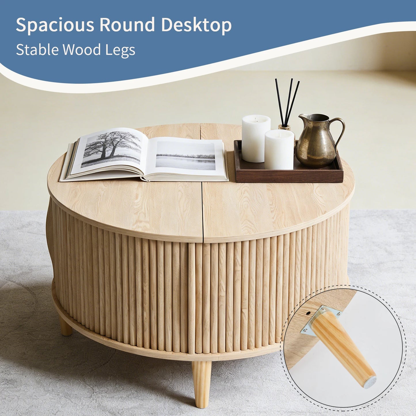 JHK Round Coffee Table With Flip Top Storage Living Room
