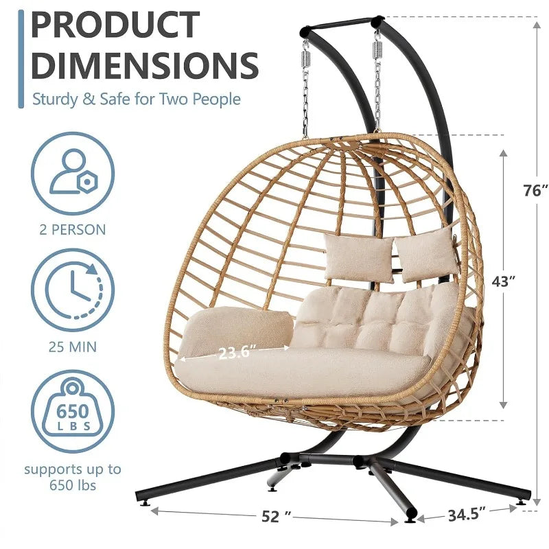 Double Hanging Egg Chair With Stand 2 Person Wicker Swing