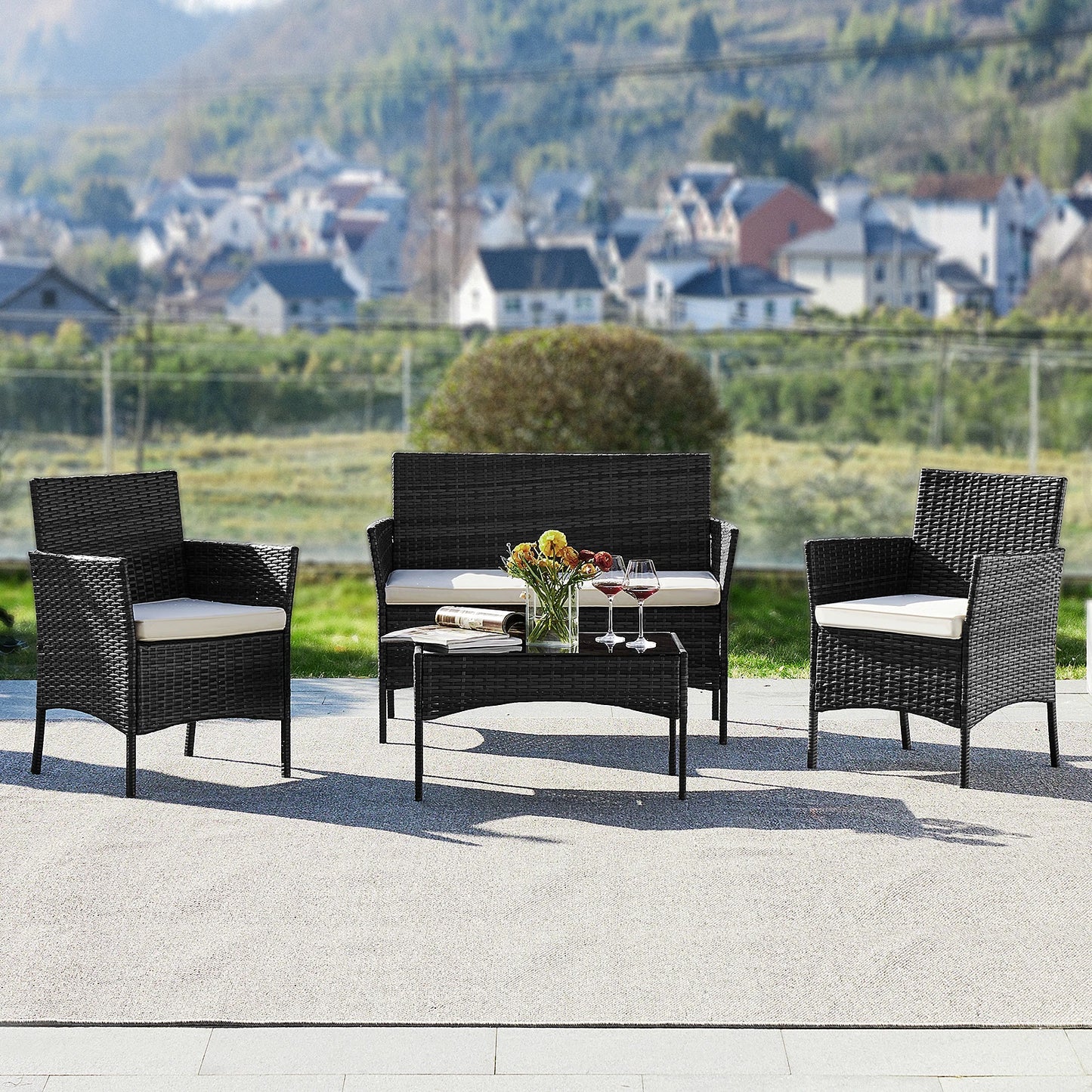 Outdoor Patio Furniture Set Rattan Wicker With Glass Table