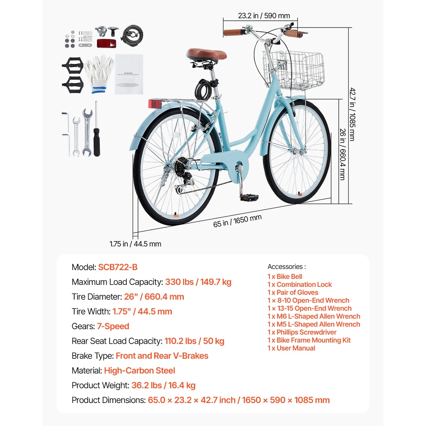 SucceBuy Cruiser Bike Beach Cruiser With Basket Rack