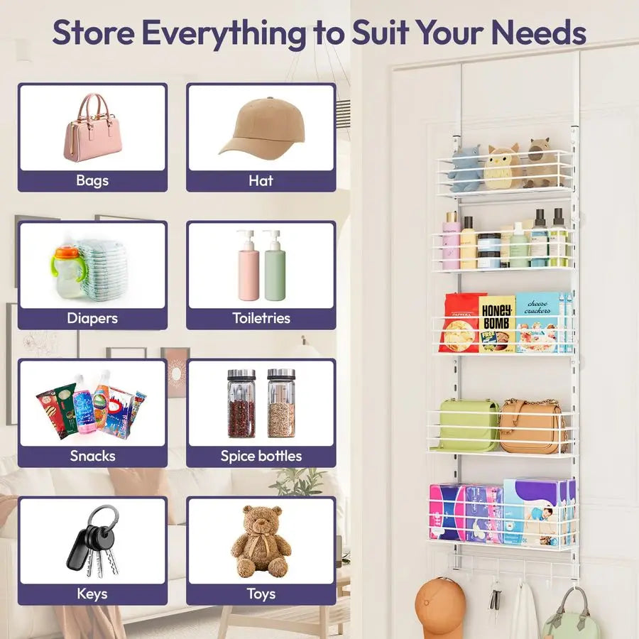 Over The Door Organizer With 5 Baskets And 6 Hooks