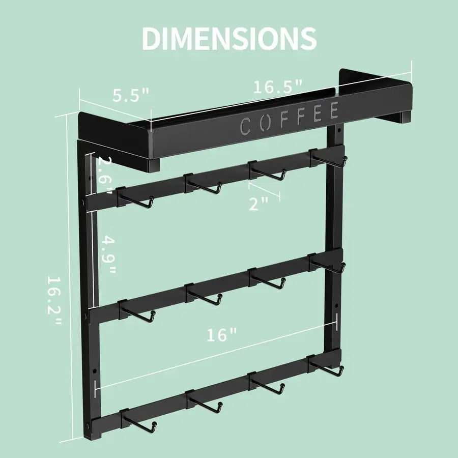XMSJ Mug Holder Wall Mount With 12 Movable Hooks And Top Shelf
