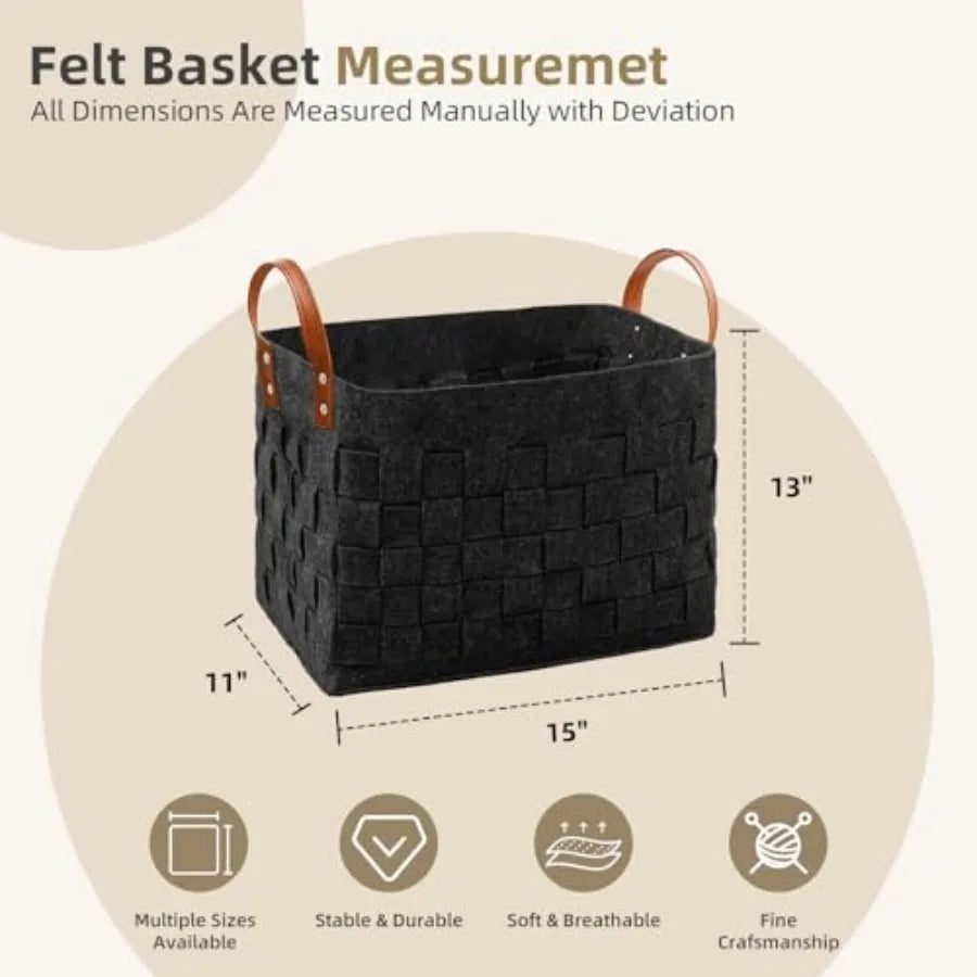 Felt Blanket Basket 2 Pack With Leather Handles